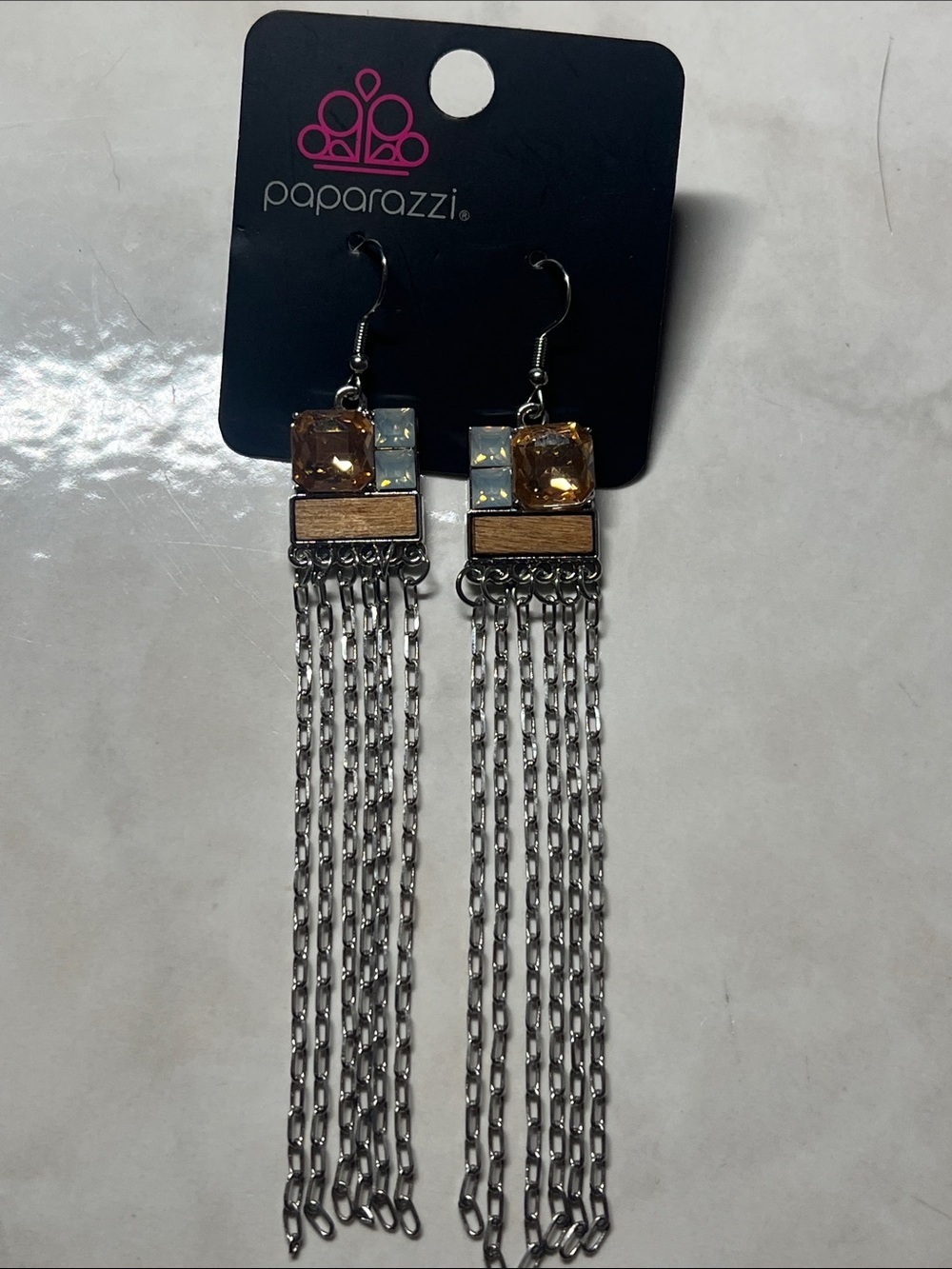 Paparazzi Gold and Silver Long Chain Tassel Earrings with Amber Stones